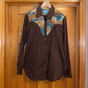 Tasha Polizzi button down brown western Top